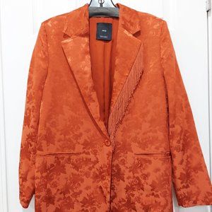 Mango Oversized Blazer Rust Orange Floral Jacquard Fringe Size Small Pockets